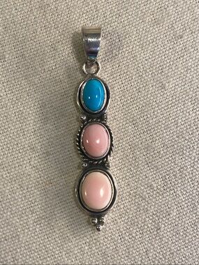 Sterling Silver Pink Conch & Turquoise Pendant Native American/Southwest Style